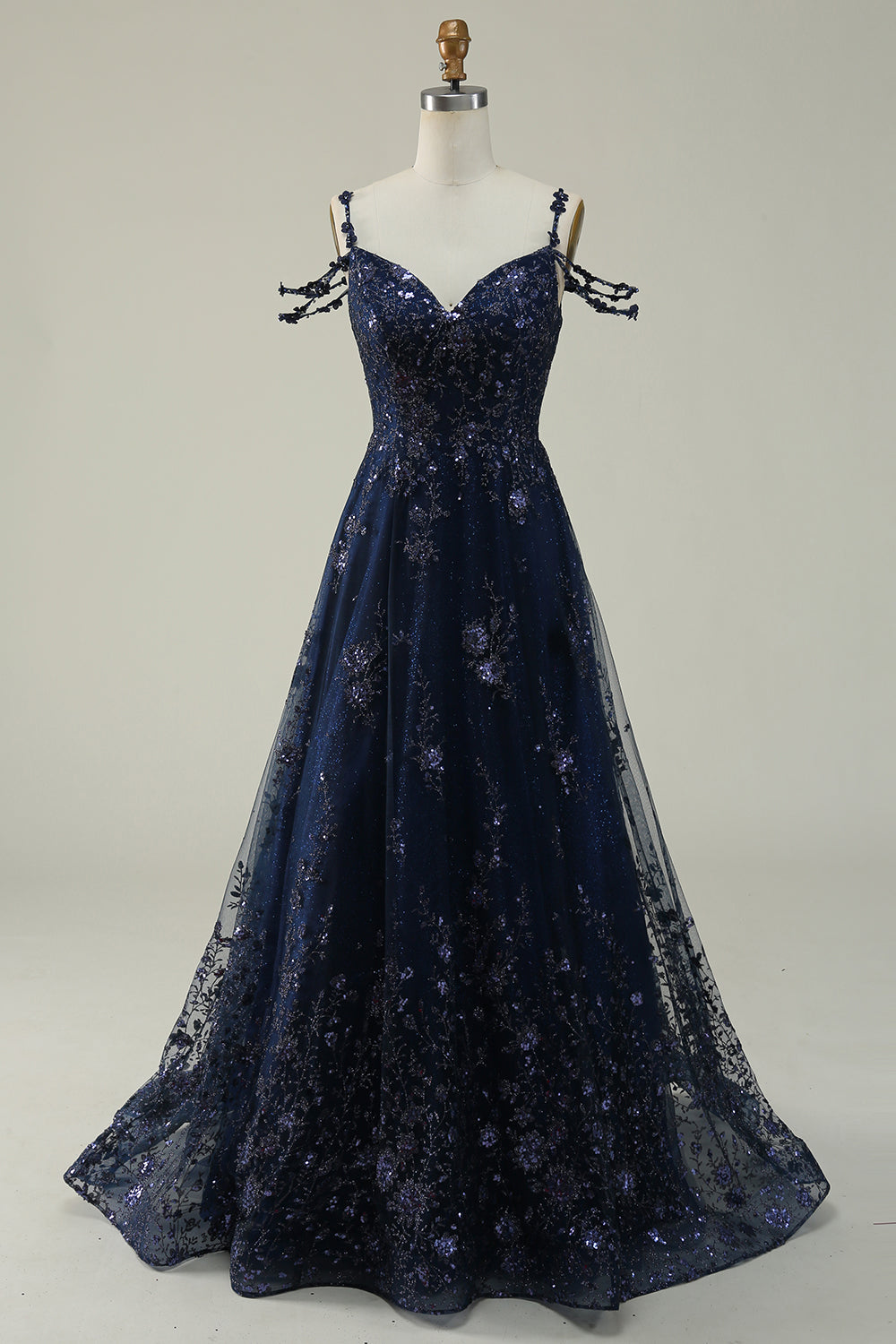 Navy A Line Cold Shoulder Long Prom Dress V-neck Sexy Sparkly