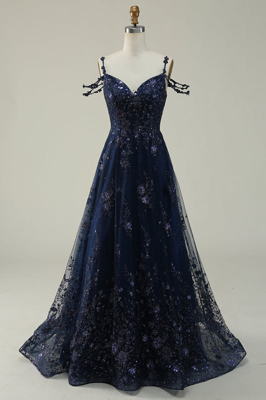 Navy A Line Cold Shoulder Long Prom Dress V-neck Sexy Sparkly