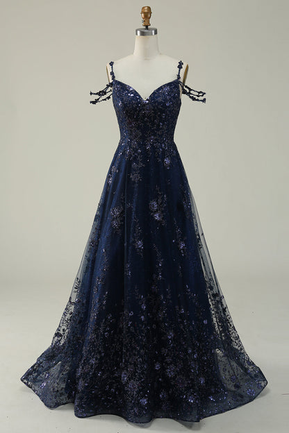 Navy A Line Cold Shoulder Long Prom Dress V-neck Sexy Sparkly