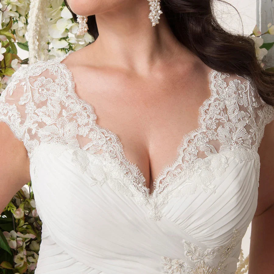 Jiayigong Plus Size Wedding Dresses Customized Cap Sleeve V-neck Chiffon Beach Dress