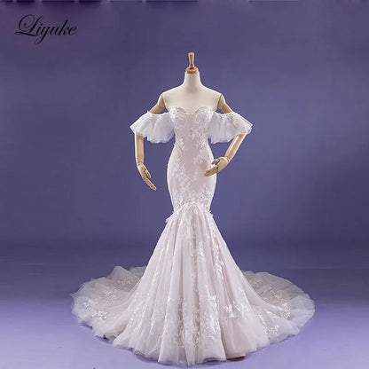 Liyuke Shining Symmetrical Lace Sweetheart Mermaid Wedding Dress