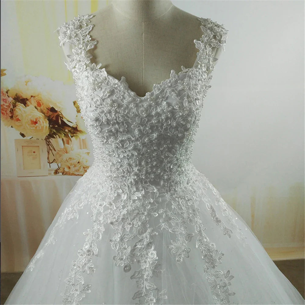 Customized ZJ9076-C White Ivory Pearls Wedding Dresses Plus Size