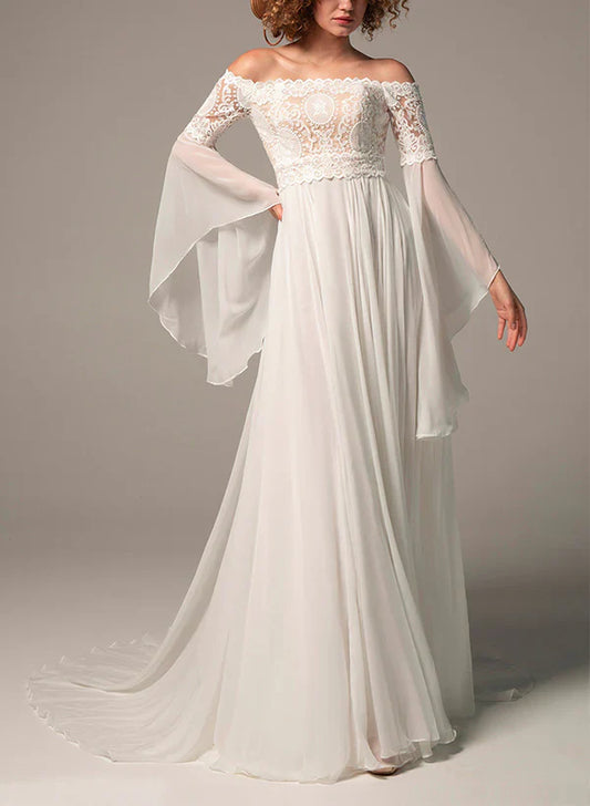 Off-The-Shoulder A-Line Wedding Dress With Long Sleeves In Chiffon/Lace Floor Length Elegant