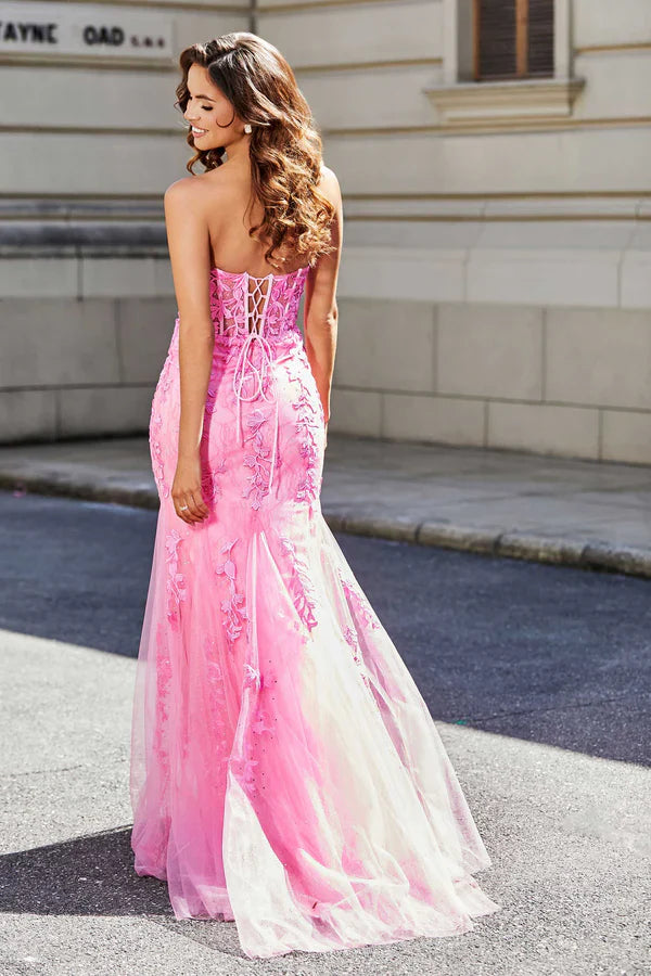 Aimishang Elegant Pink Evening Dress Lace Applique Corset Bodice Tulle Dress Prom Dresses