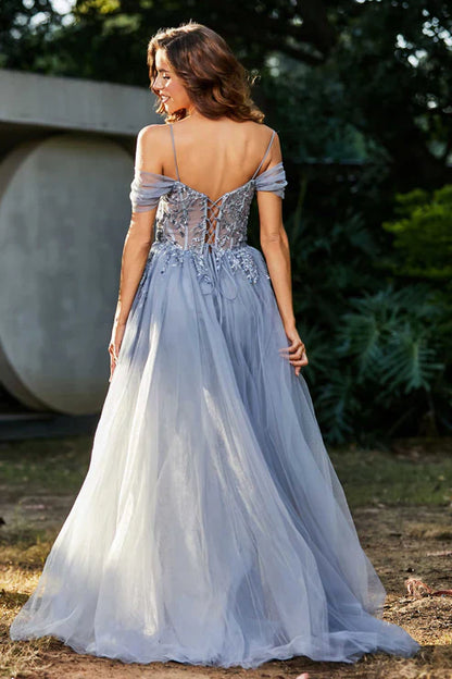 Aimishang Elegant Prom Dresses Off Shoulder Applique A-Line Tulle Dress Evening Dress