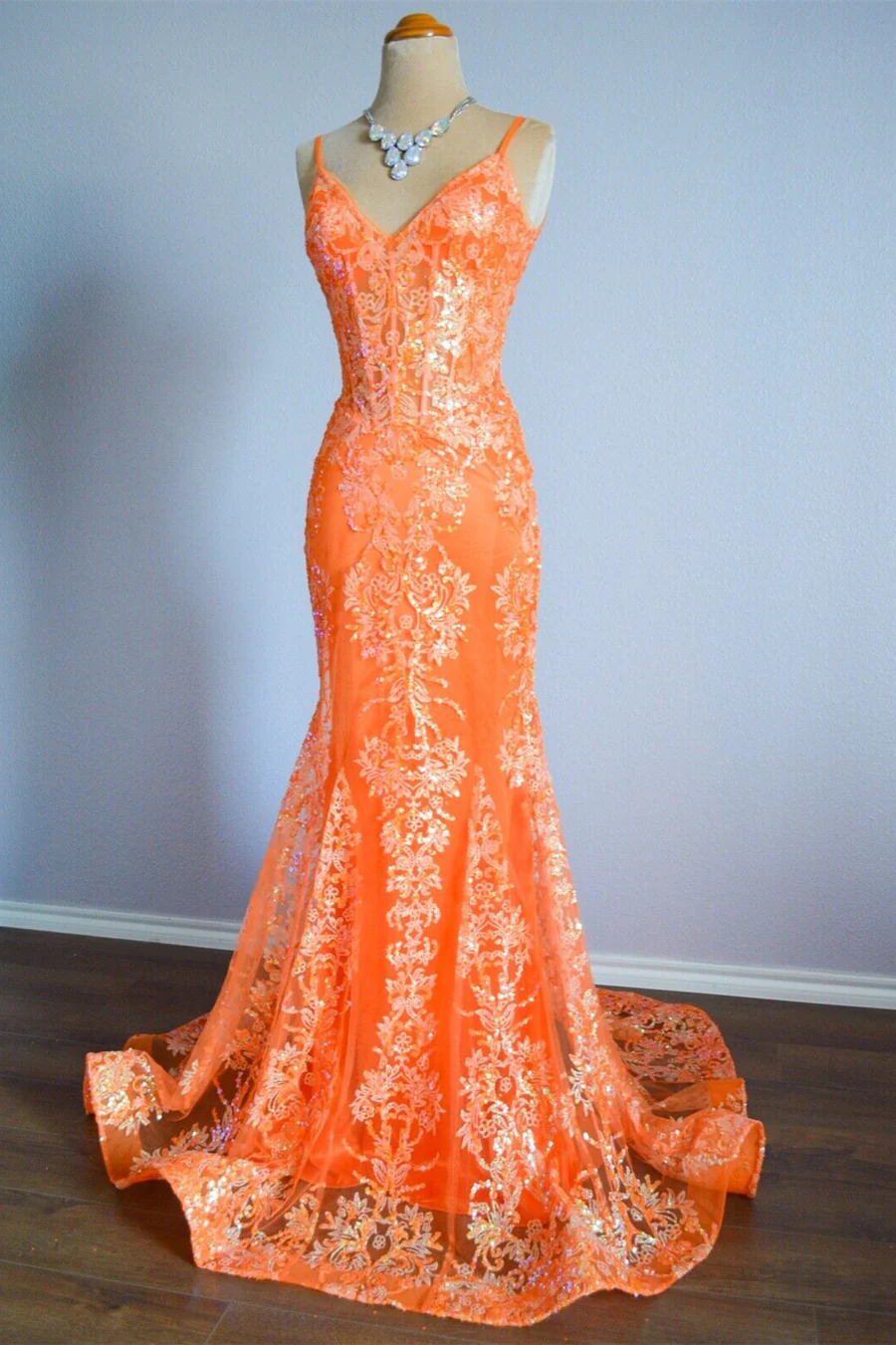 Orange Mermaid Spaghetti Straps Sequins Applique Long Prom Dress  cc1002