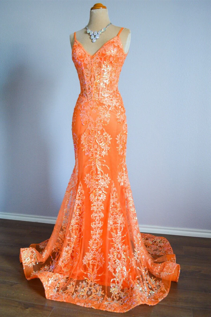 Orange Mermaid Spaghetti Straps Sequins Applique Long Prom Dress  cc1002