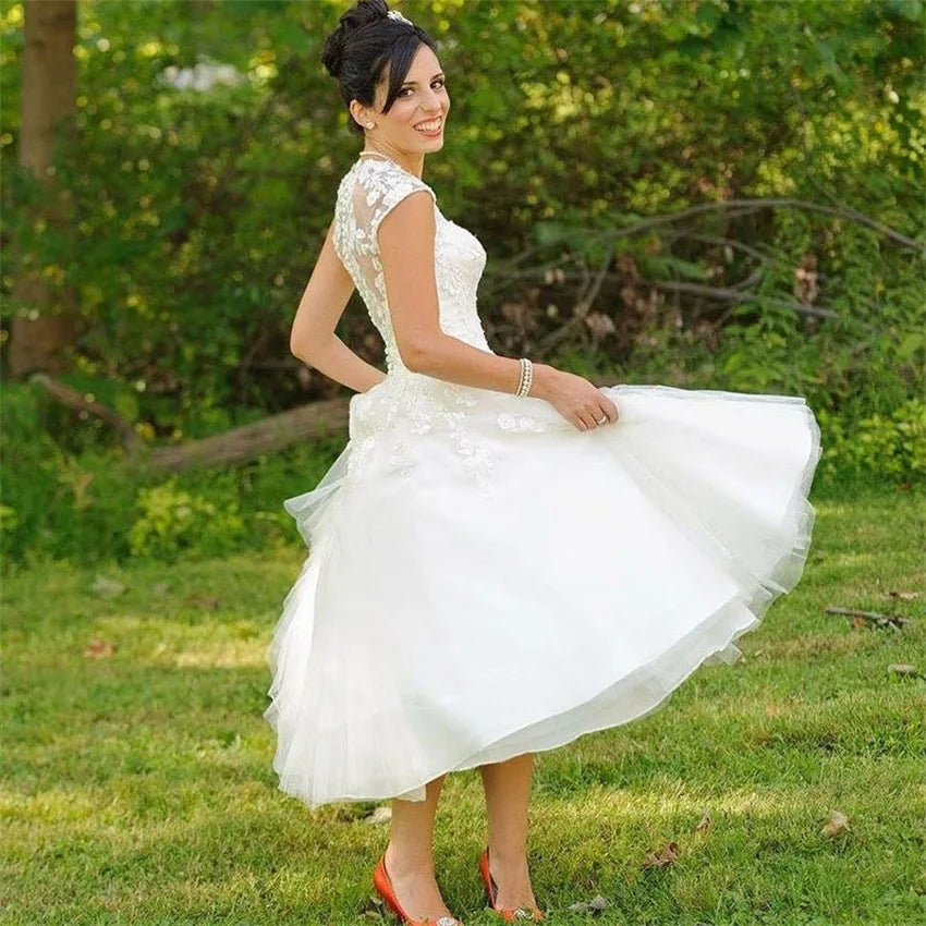 Customized Vestidos de Novia Plus Size Tea Length Wedding Dresses