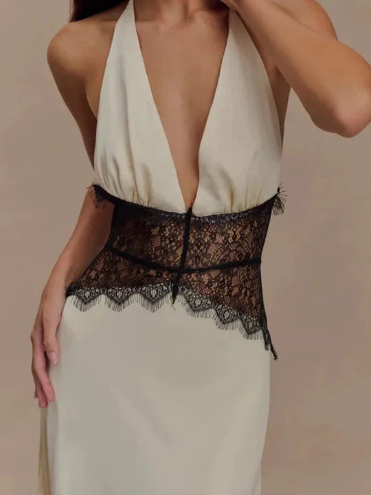Charming Lace V-neck Prom Dress Sheath Halter-neck Evening Dress Long Formal Dress HZ1024