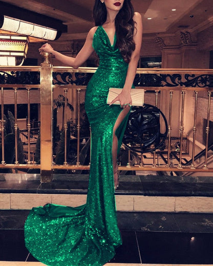 Halter Neck Long Sequin Mermaid Prom Dresses Leg Split