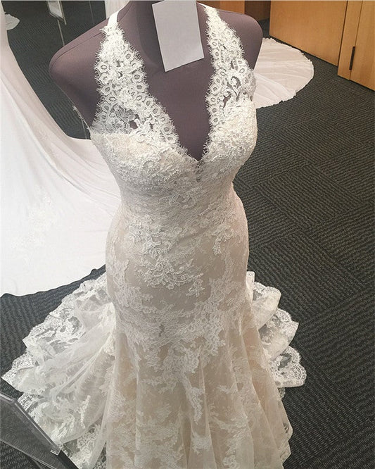 Halter Neck Open Back Lace Mermaid Court Train Wedding Dresses