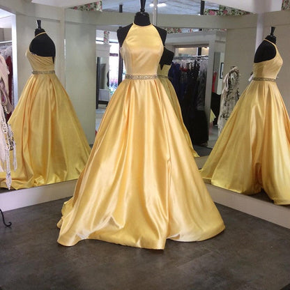 Halter Satin Prom Dresses Ball Gowns Beaded Sashes