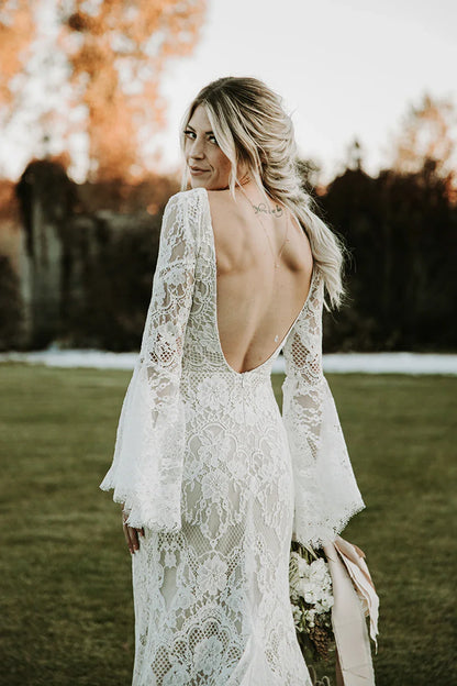 Customized Boho Lace Long Wedding Dress Mermaid Flare Bridal Gowns Elegant Vintage Bride Dresses