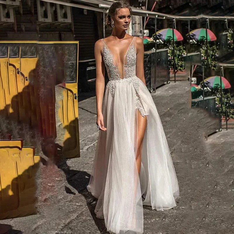 Boho Wedding Dress Sexy V Neck High Split Tulle Gown