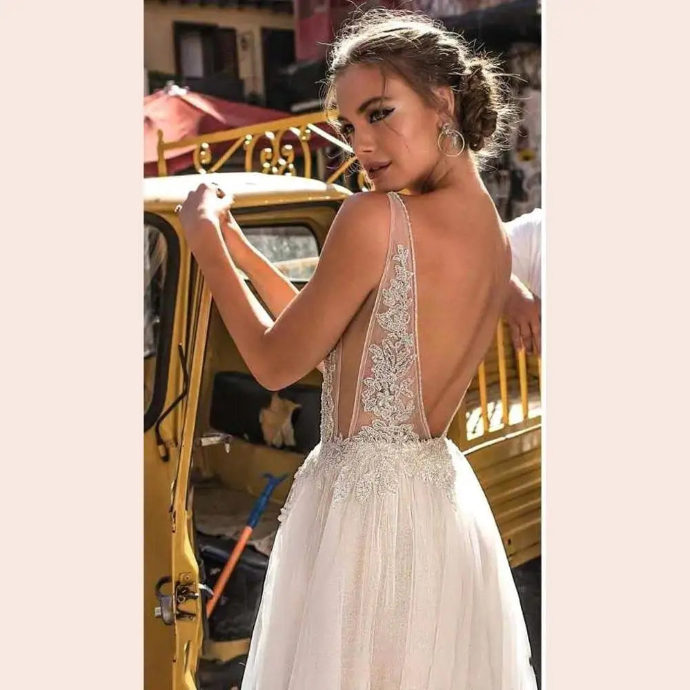 Boho Wedding Dress Sexy V Neck High Split Tulle Gown