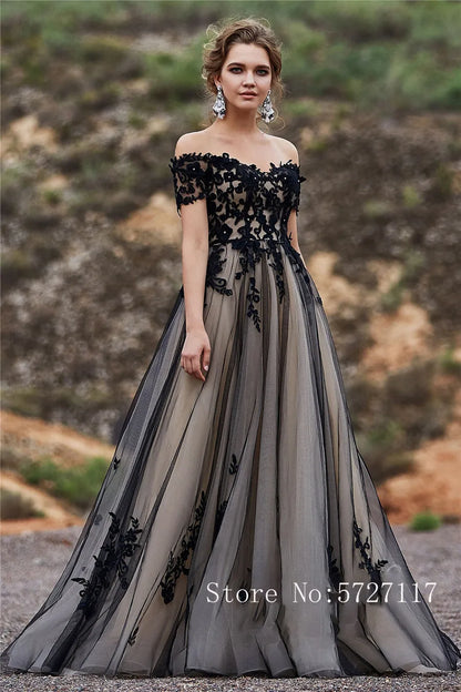 Off the Shoulder Short Sleeves Lace Applique A-line Wedding Dress