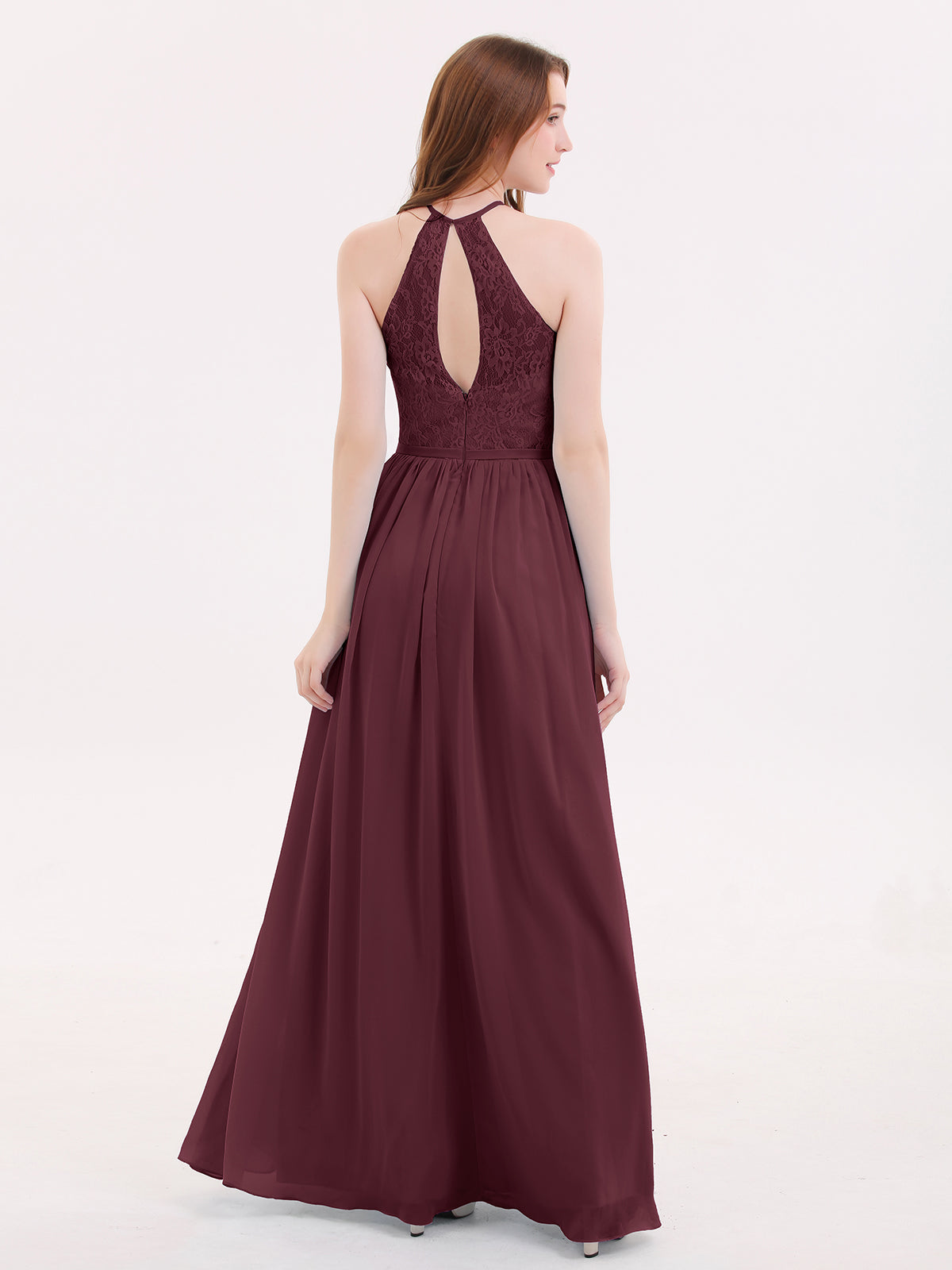 Chiffon Maxi Halter Dress with Lace Bodice-Cabernet