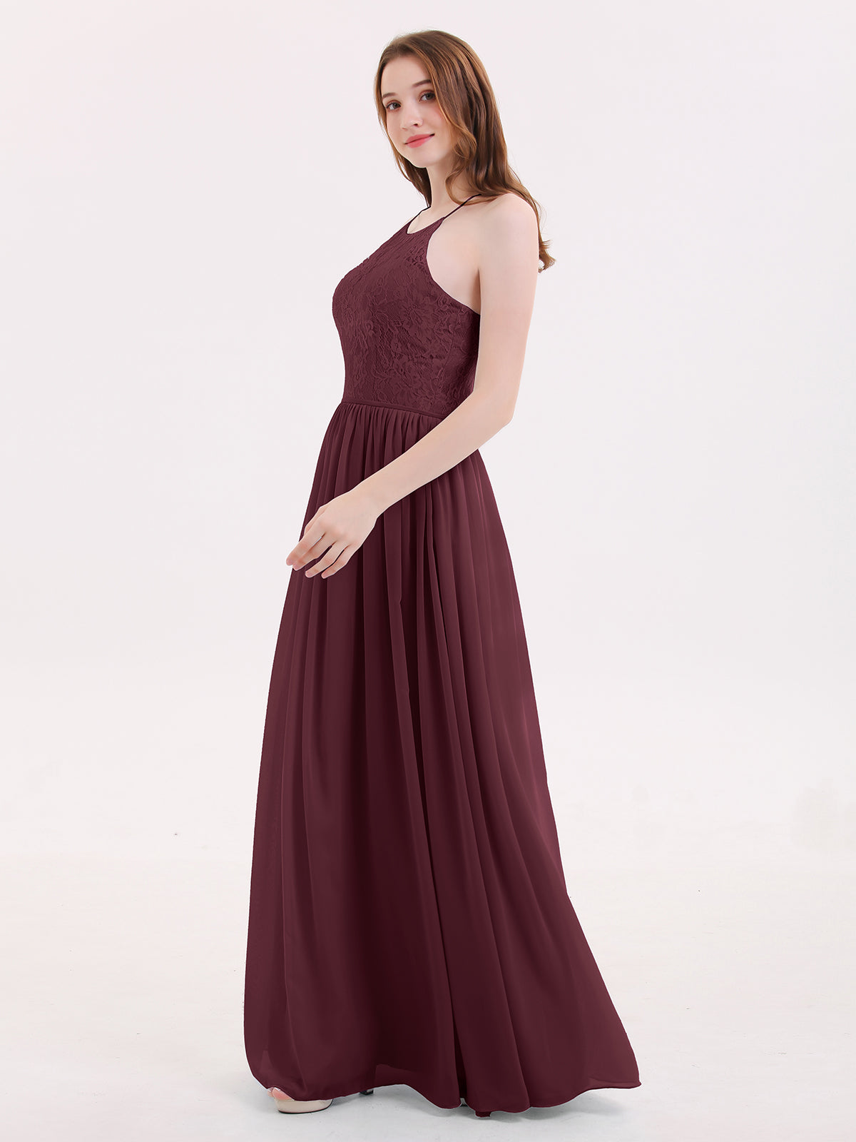 Chiffon Maxi Halter Dress with Lace Bodice-Cabernet