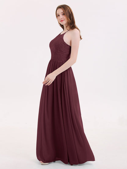 Chiffon Maxi Halter Dress with Lace Bodice-Cabernet