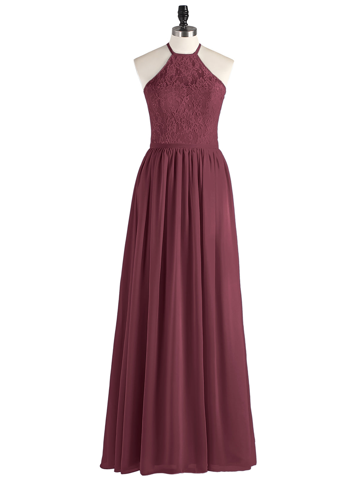 Chiffon Maxi Halter Dress with Lace Bodice-Cabernet