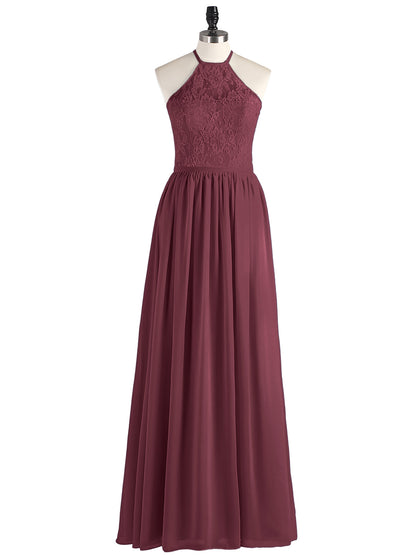 Chiffon Maxi Halter Dress with Lace Bodice-Cabernet