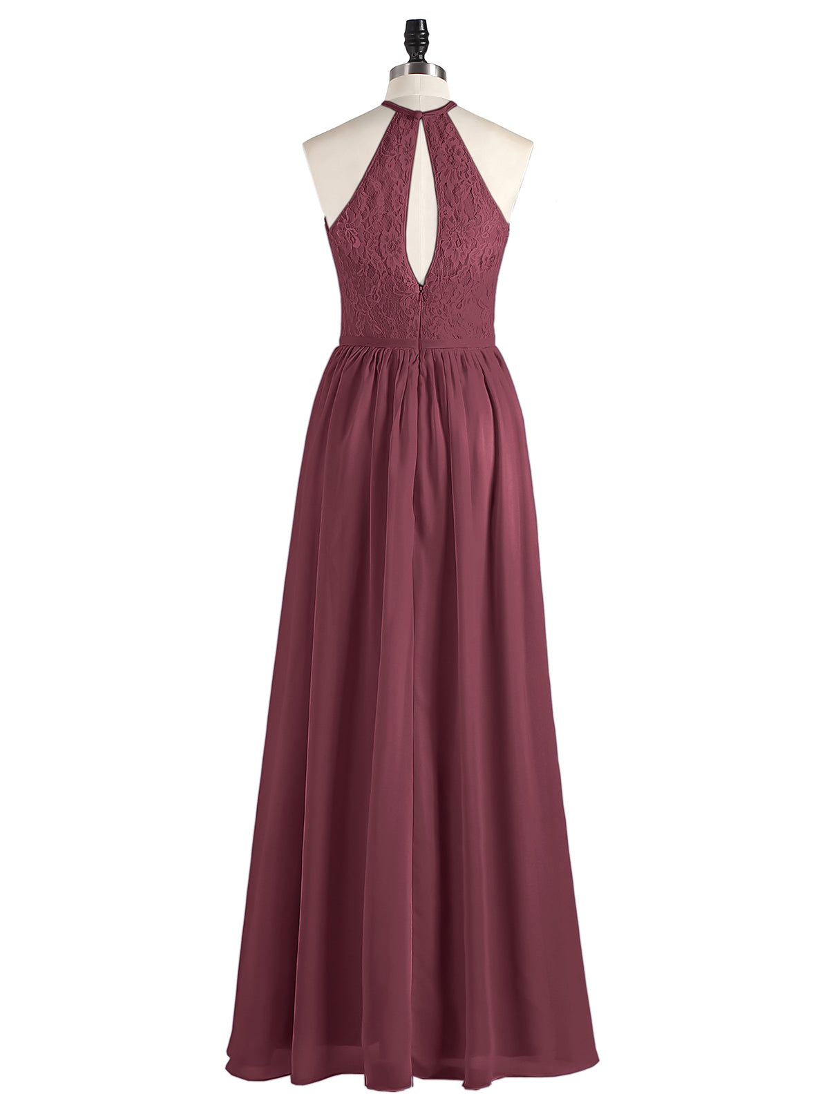 Chiffon Maxi Halter Dress with Lace Bodice-Cabernet