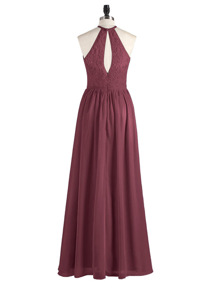 Chiffon Maxi Halter Dress with Lace Bodice-Cabernet