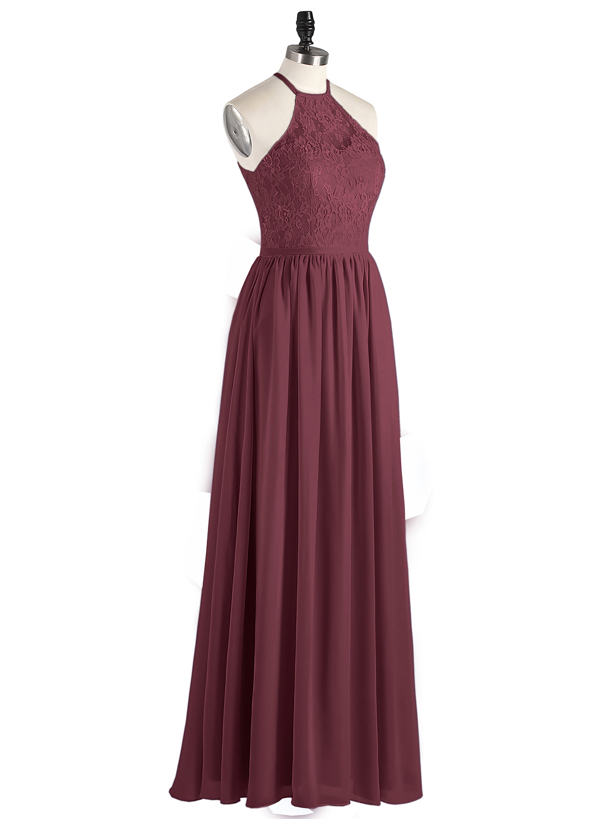 Chiffon Maxi Halter Dress with Lace Bodice-Cabernet