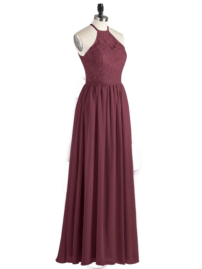 Chiffon Maxi Halter Dress with Lace Bodice-Cabernet