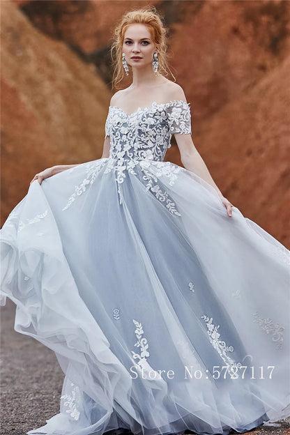 Off the Shoulder Short Sleeves Lace Applique A-line Wedding Dress