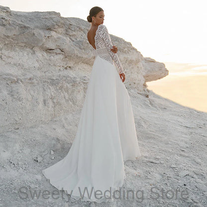 Customized Sexy Long Sleeves Bohemian Lace Bridal Gown