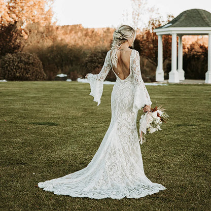 Customized Boho Lace Long Wedding Dress Mermaid Flare Bridal Gowns Elegant Vintage Bride Dresses