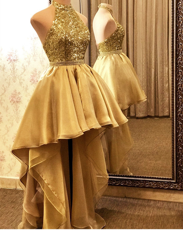 High Low Prom Dresses Tulle Ruffles Sequin Halter