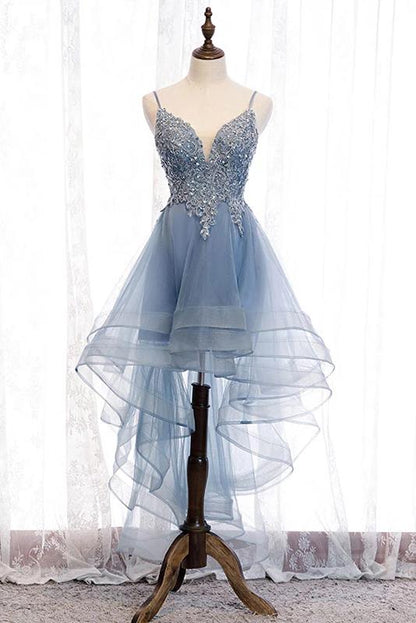 High Low Spaghetti Straps Tulle Homecoming Dresses with Appliques V Neck Prom Dresses Short