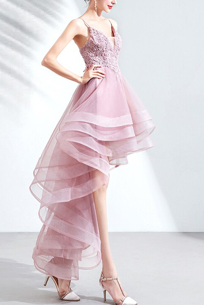 High Low Spaghetti Straps Tulle Homecoming Dresses with Appliques V Neck Prom Dresses Short