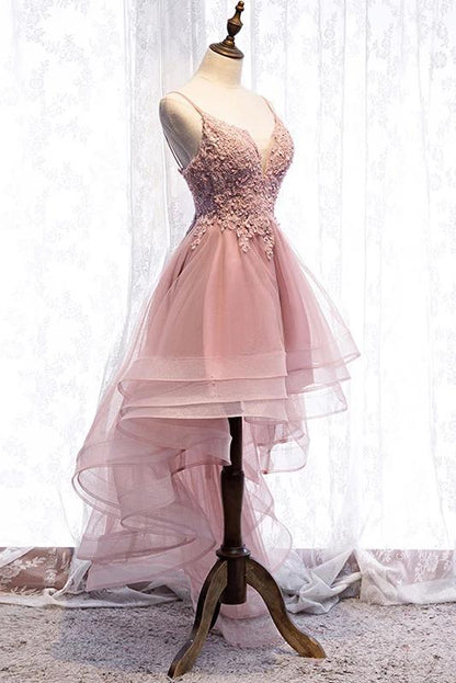 High Low Spaghetti Straps Tulle Homecoming Dresses with Appliques V Neck Prom Dresses Short