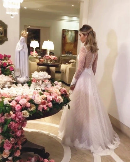High Neck Long Sleeves Tulle Princess Wedding Dress Lace Edge