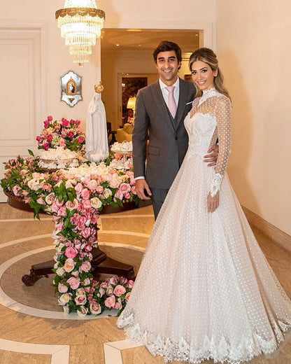 High Neck Long Sleeves Tulle Princess Wedding Dress Lace Edge