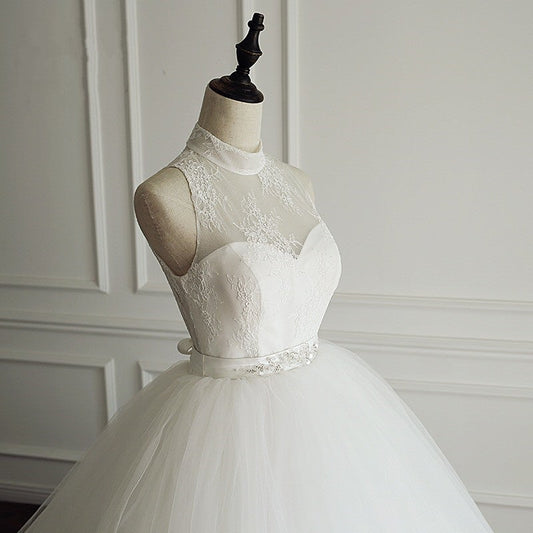 High Neck Open Back Tulle Ball Gown Wedding Dresses