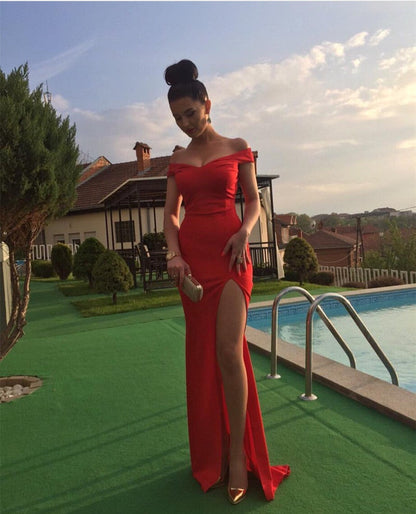 High Slit Long Satin Red Mermaid Bridesmaid Dress Off Shoulder