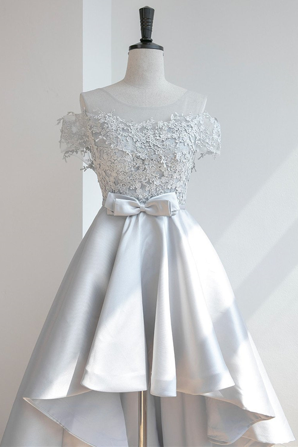 High Low Off Shoulder Gray Lace Prom Dress, Off the Shoulder Gray Homecoming Dress, Gray Lace Formal Evening Dress A1315