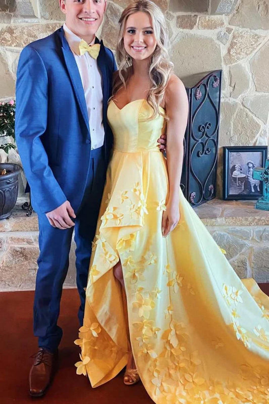 High Low Strapless Yellow Satin Long Prom Dress with 3D Flowers, High Low Yellow Formal Dress, Yellow Evening Dress