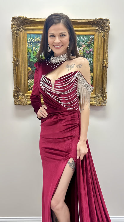 High Quality Evening Party Dress, Burgundy Velvet Prom Dress, One Sleeve Beaded Long Dress, AST1541