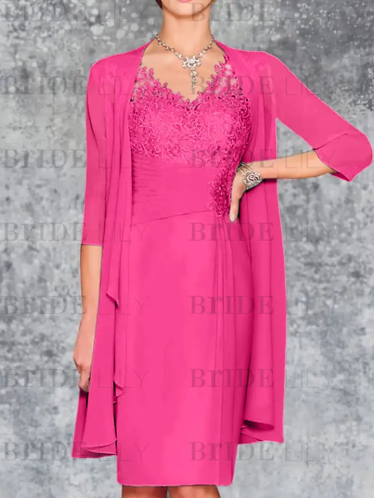 Two Piece Ruffle Chiffon Mother of the Bride Outfit Lace Short Wedding Guest Dress