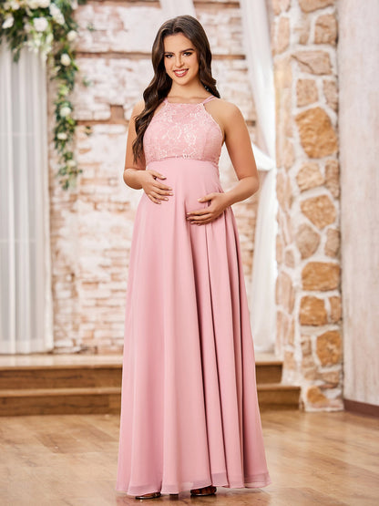 Bateau Neck Lace Top Chiffon Skirt Long Maternity Dresses Dusty Rose
