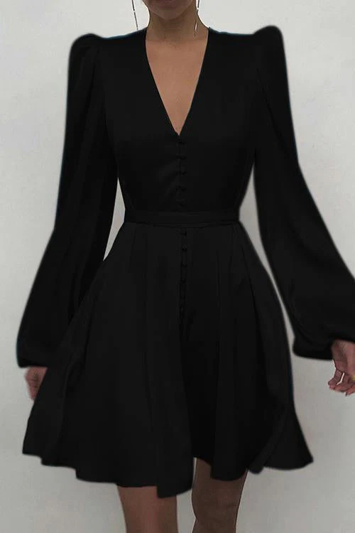 Satin V Neck Puff Long Sleeve Mini Dress Black Short Party Dress cc295