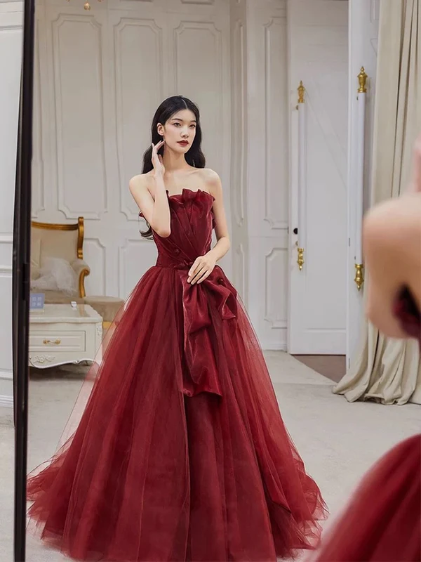 Pretty Burgundy Strapless Tulle Long Prom Dress Party Evening Dress  cc1920
