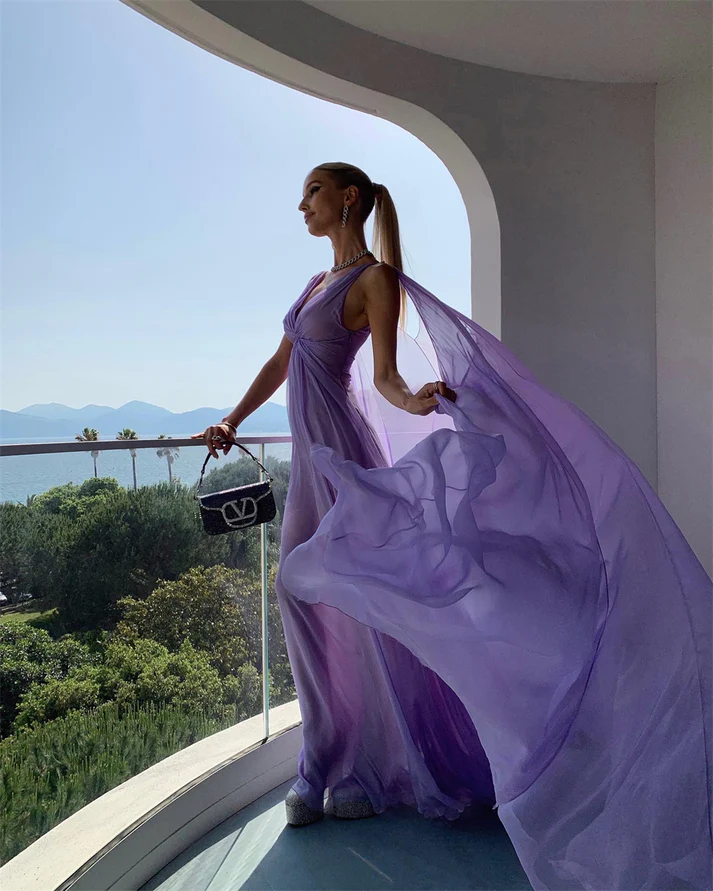 Sexy V Neck Lilac Tulle Prom Dress Long Party Evening Gown cc2087