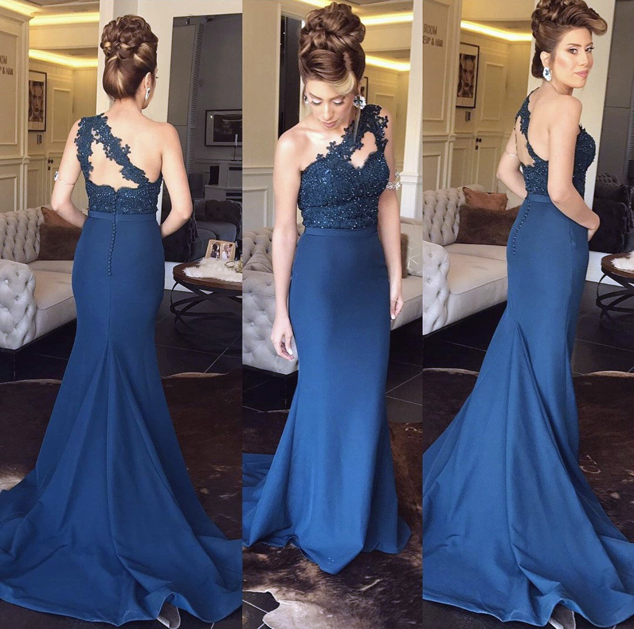 Lace Appliques One Shoulder Mermaid Bridesmaid Dresses