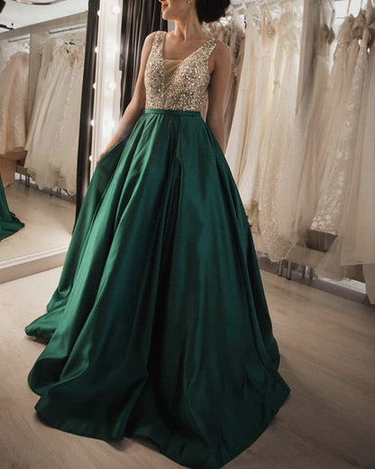 Luxurious Sequin Beaded V Neck Long Satin Prom Dresses